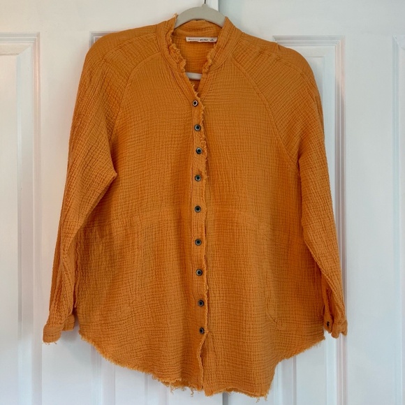 Cherry Cloth Tops - Cherry Cloth Orange Frayed Bohemian 100% Cotton Gauze Button Down Shirt Size M